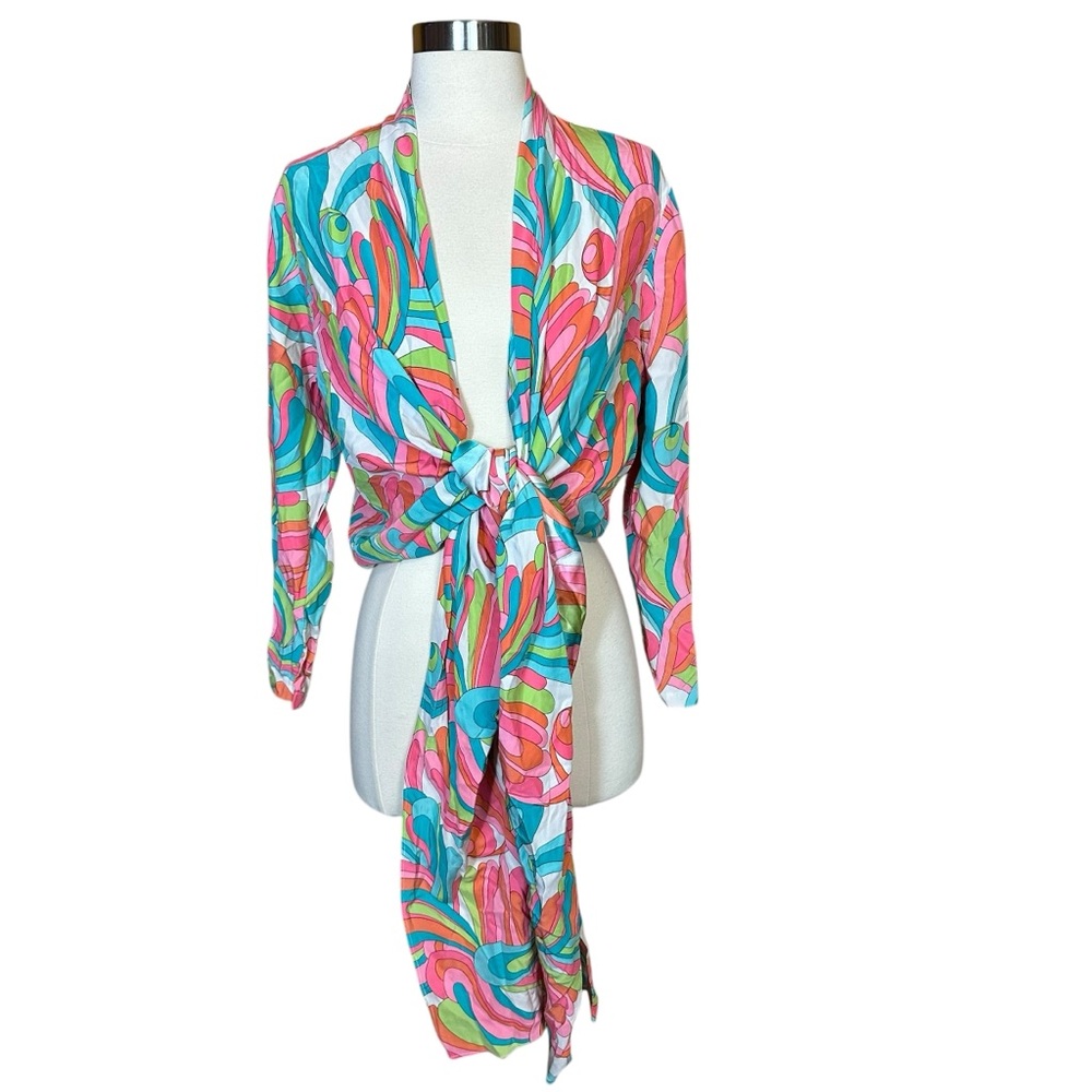 Brett Harrison Vintage Silk Mod Funky Unique Tie Front Crop Disco Blouse Top M